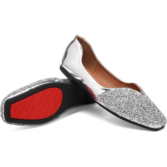 Fsfdamai Flat Shoes Women Silver Leather Square Toe Bling Glitter Casual Shoes - Picture 4 of 7